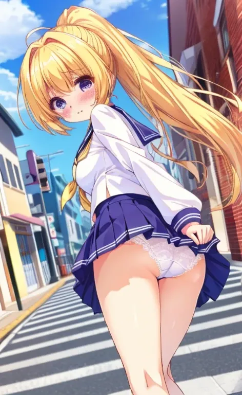 Beautiful long blonde　Girl in a sailor suit　Pleated skirt　mini skirt　Long sleeve　Shyness　With tears in my eyes　Walking through a public square　Walking with legs apart　skirt tug　Wind lift　Panties with lace　blushing cheeks　wind　Small breasts　Low - Angle　pony...