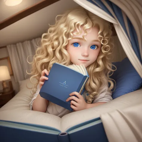  a  with light blonde, curly hair that falls naturally around their head  and blue  eyes lying in his bed in his cozy room holding a bright book