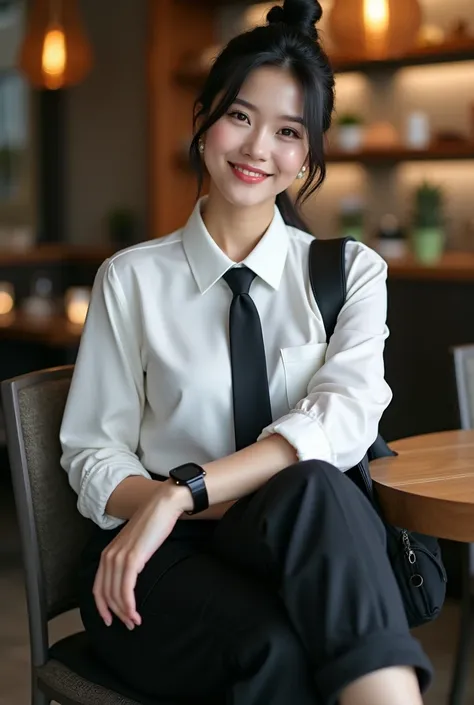 beautiful Indonesian woman,smooth, clean white skin, well-groomed face, black hair bun up Korean style. Long white shirt with rolled up sleeves, long black tie, style korea, black cargo pants with lots of pockets knee length, backpack,luxury black watch, s...