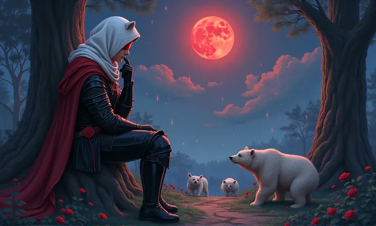 Male knight with a white hood with polar bear ears and a sword behind his back leans against a tree towards a baby polar bear and a baby brown bear in a forest while the moon shines, many Roses cover the ground and lightning falls from the sky. The baby po...