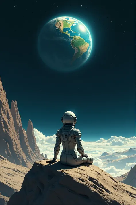 I would like a sketch of a female astronaut sitting on a meteorite looking at the earth