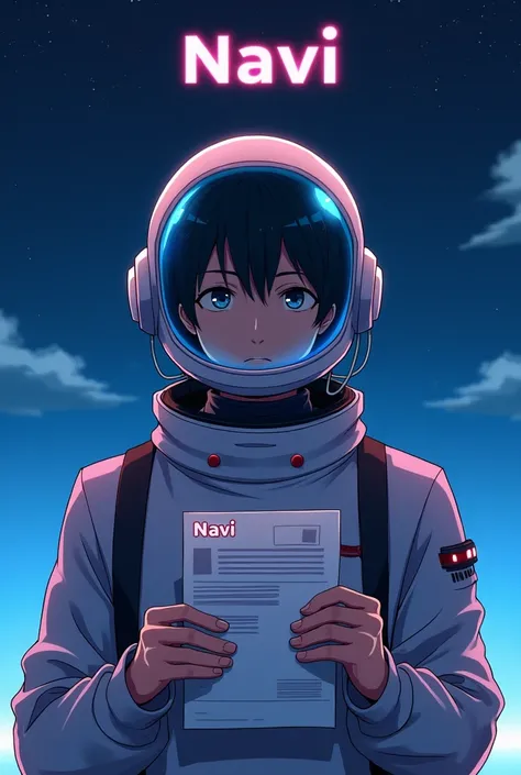 A man holding a paper with his identification, with a background of the night sky with stars,with astronaut helmet,with the name Navi on top, anime styling