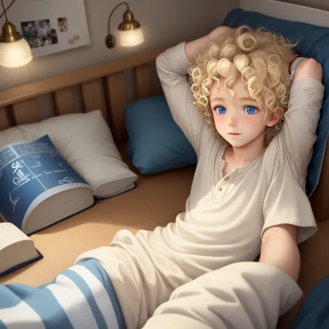  a  boy with light blonde, curly hair that falls naturally around their head  and blue  eyes lying in his bed in his cozy room holding a bright book