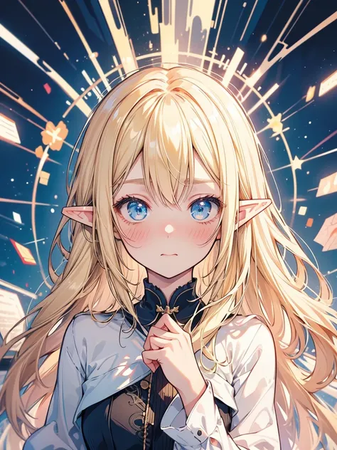 masterpiece, best quality, 1girl, ultra detailed, ultra highres, well-definded facial features, anatomically correct, cute girl, long pointy ears, elf, nice face,blonde hair, blue eyes, blush, embarrassed,