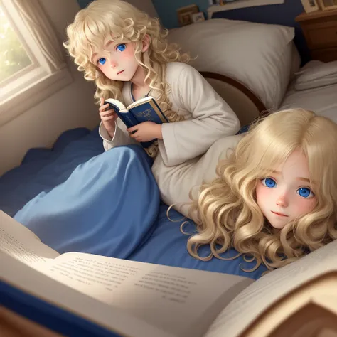  a  boy with light blonde, curly straight  hair   and blue  eyes lying in his bed in his cozy room holding a bright book