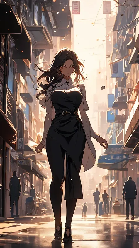 High Quality, Zenooe artstyle, a female character standing in a dimly lit urban alleyway. The character has long, flowing black hair with subtle waves, illuminated dramatically by a strong backlight that creates deep shadows and highlights. She is wearing ...