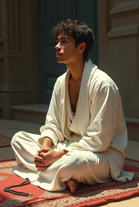 Create a picture of a young man in white clothes waking up from his sleep on his prayer mat and prayer beads because he had a terrible dream.