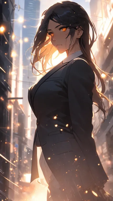 High Quality, Zenooe artstyle, a female character standing in a dimly lit urban alleyway. The character has long, flowing black hair with subtle waves, illuminated dramatically by a strong backlight that creates deep shadows and highlights. She is wearing ...