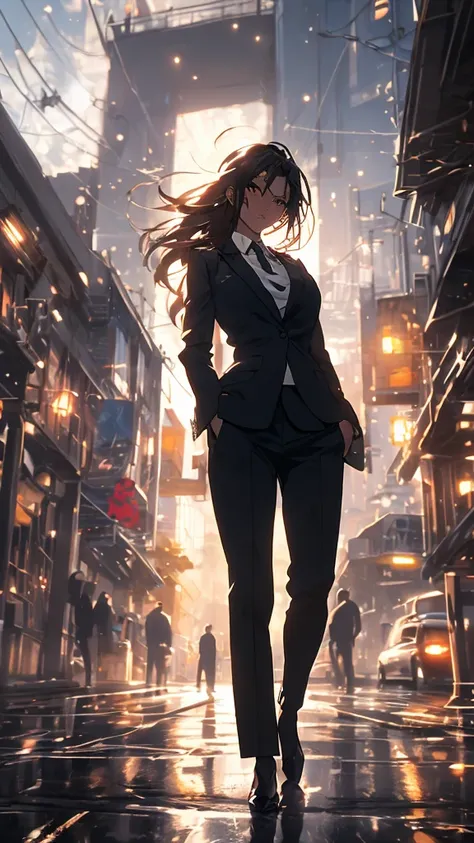 High Quality, Zenooe artstyle, a female character standing in a dimly lit urban alleyway. The character has long, flowing black hair with subtle waves, illuminated dramatically by a strong backlight that creates deep shadows and highlights. She is wearing ...