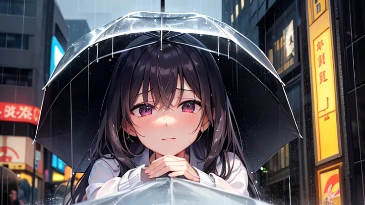 Please focus on drawing a woman sheltering from the rain.。On a street corner in the city、A woman holds an umbrella while worrying about her wet hair、Staring at the rain with a moist expression。In the background、The dimly reflected neon lights of the city a...