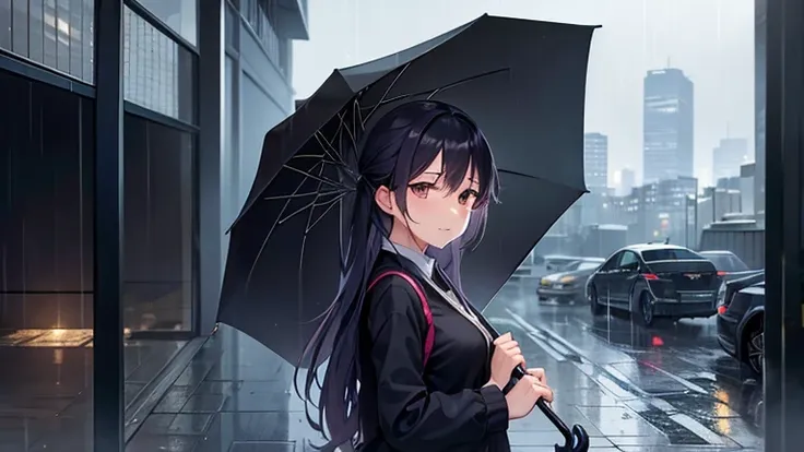 Please focus on drawing a woman sheltering from the rain under the eaves of a building.。Amidst the hustle and bustle of the city、Woman closes her umbrella、I shrug my shoulders to avoid the rain。In the background、The blurred outlines of buildings and car li...