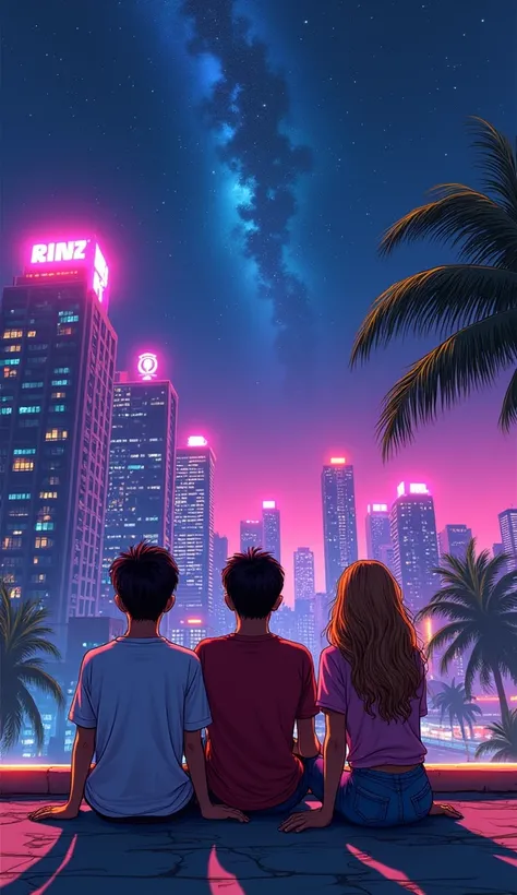 three friends 2 boys 1 girlsitting on the roof top and viewing the beautiful sky with glittering star and with pink city vibe GTA Vice City style, night vibe, 80s, Hawaii, retro comic style illustration(back view)(little purple vibe)(far and wide angle vie...