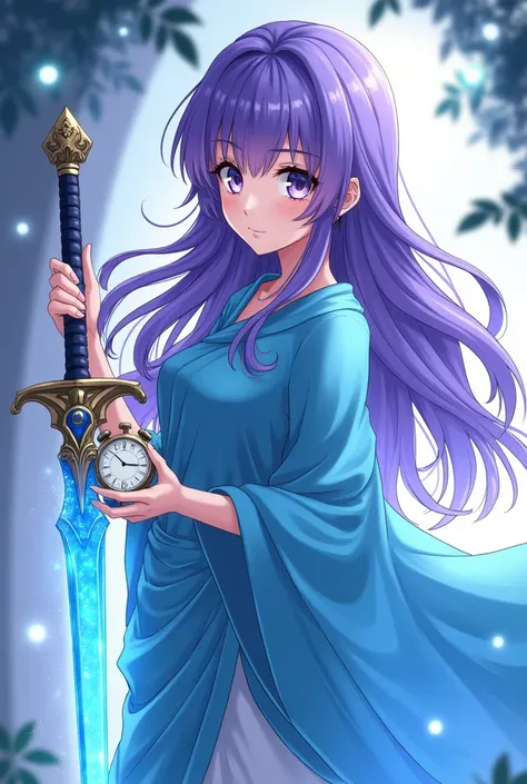 A beautiful girl, with pirpal hair, with white eyes, with skyblue sari,in shes hand a small watch, she Carrey a sword around the sword a sky blue light, anime