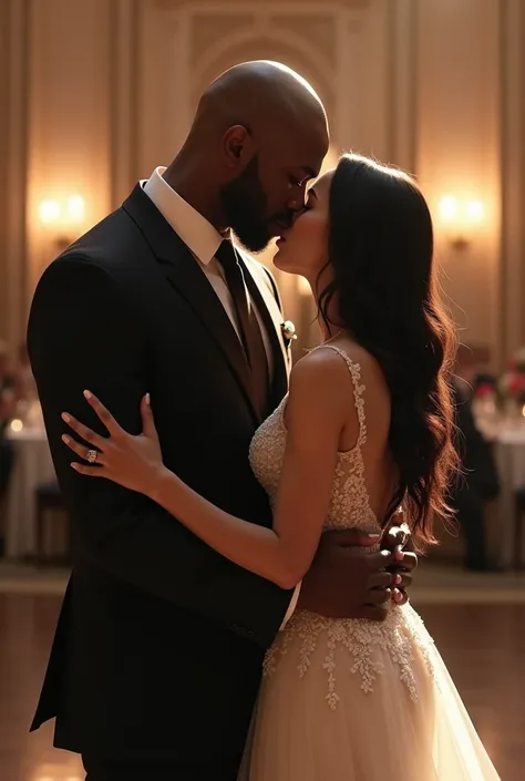 Long shot, (photorealism:1.2), very very tall muscular bald black man with very dark skin tone, dressed as groom, slow dancing with his stunning white bride, she is wearing tight wedding dress, she has wave by long black hair and very pale skin, focus on w...