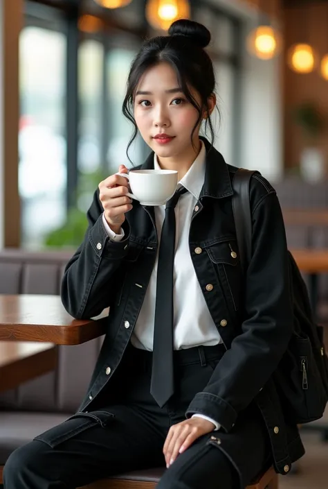 beautiful Indonesian woman,smooth, clean white skin, well-groomed face, black hair bun up Korean style. Jaket jeans  hitam Kemeja putih , long black tie, style korea, black cargo pants with lots of pockets knee length, backpack,luxury black watch, pose sit...