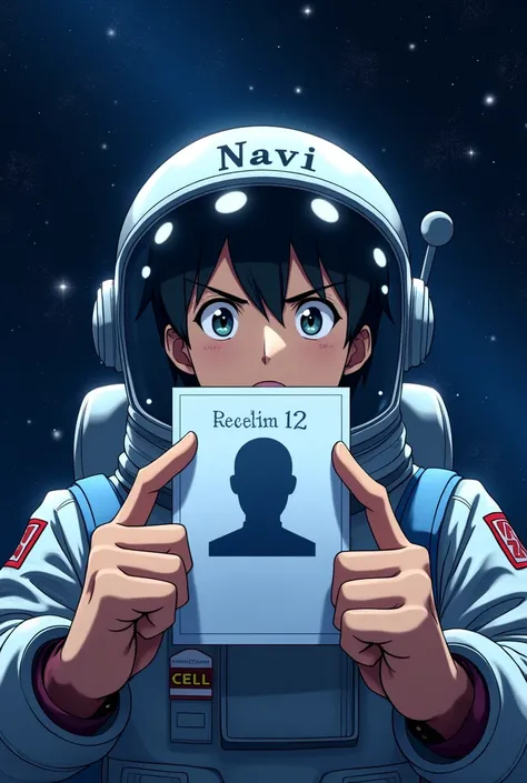 A man showing a sign with his identification, with a background of a night sky with stars,wearing an astronaut helmet,with the name Navi on top, anime styling