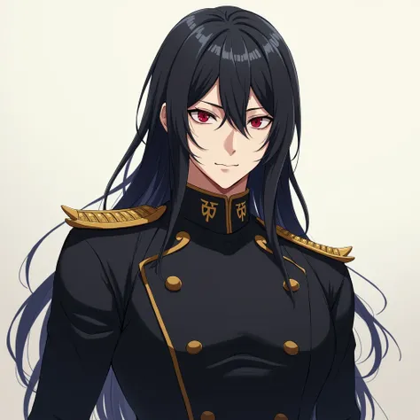 Anatomically Correct, Black Hair, Long Hair, Red Eyes, Anime Style, male, military, in uniform