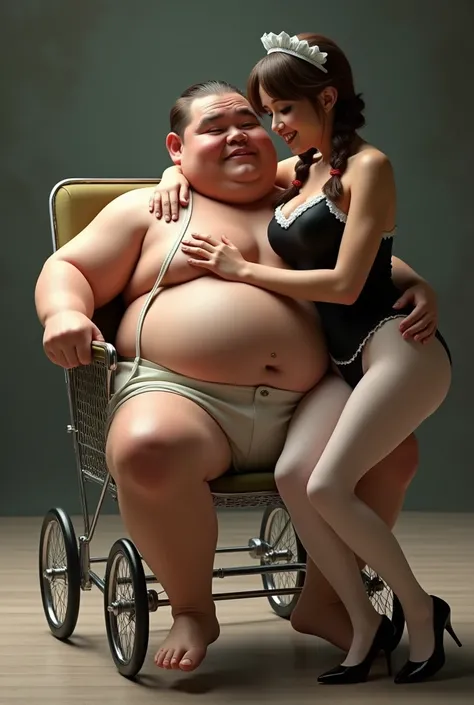 (photorealism:1.2),   a fat man sitting in a stroller wearing a baby romper hugging a sexy brown hair woman with 2 braids on the hip, corset negro, white stockings and french maid cap