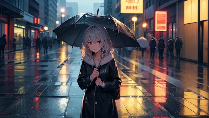 Please focus on drawing a woman sheltering from the rain.。On a street corner in the city、A woman holds an umbrella while worrying about her wet hair、Staring at the rain with a moist expression。In the background、The dimly reflected neon lights of the city a...