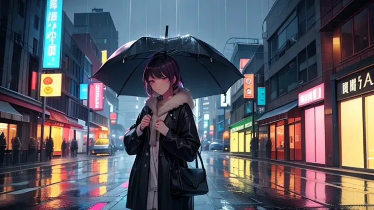 Please focus on drawing a woman sheltering from the rain.。On a street corner in the city、A woman holds an umbrella while worrying about her wet hair、Staring at the rain with a moist expression。In the background、The dimly reflected neon lights of the city a...