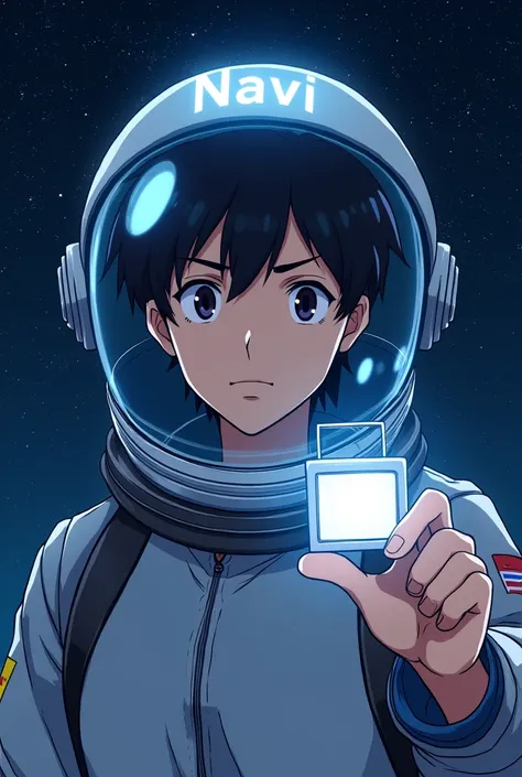 A man showing a sign with his identification, with a background of a night sky with stars,wearing an astronaut helmet,with the name Navi on top, anime styling