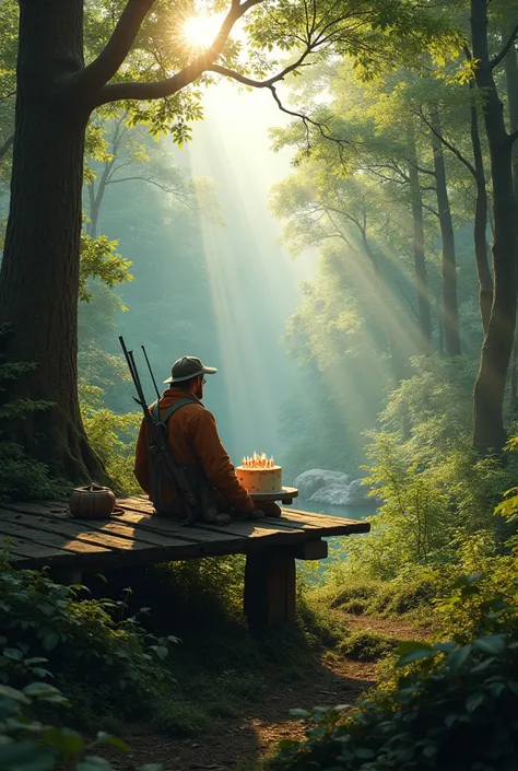 A hunter sits on a raised stand in the forest with a birthday cake. 
Next to him his hunting and. You celebrate birthday. The sun is shining. The wild animals can be seen in the background.