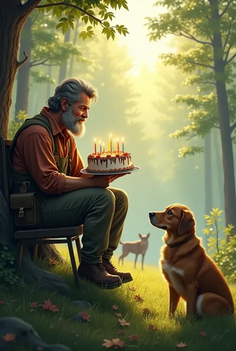 A hunter sits on a raised stand in the forest with a birthday cake. 
Next to him his hunting dog. You celebrate birthday. The sun is shining. The wild animals can be seen in the background.