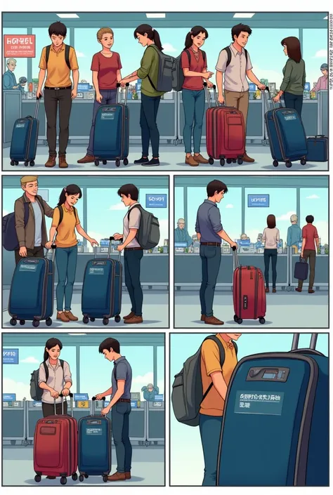 Create an animated A4-sized comic-style image , depicting a scene at an airport Trolley bags are equipped with built-in digital weighing scales. As passengers pack their bags, they can instantly check the weight and adjust the contents accordingly. The bag...