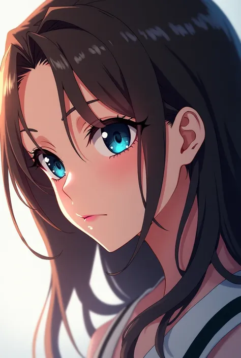 A brown-haired, blue-eyed girl with a serious expressionHigh resolution, anime