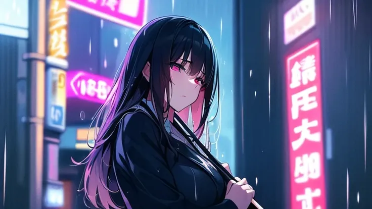 Please focus on drawing a woman sheltering from the rain.。On a street corner in the city、A woman holds an umbrella while worrying about her wet hair、Staring at the rain with a moist expression。In the background、The dimly reflected neon lights of the city a...