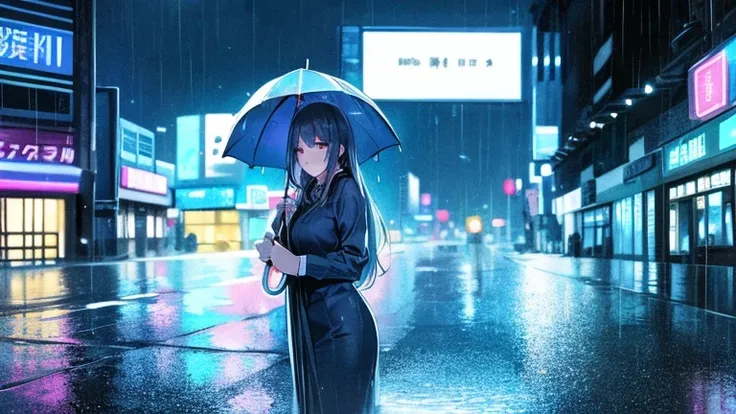 Please focus on drawing a woman sheltering from the rain.。On a street corner in the city、A woman holds an umbrella while worrying about her wet hair、Staring at the rain with a moist expression。In the background、The dimly reflected neon lights of the city a...