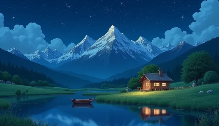 Nighttime view of the house, wood, Stars in the sky, water, boat,  Grass, Mountain々, and、Studio Ghibli-like illustrations,  Studio Lighting, Ultra-fine painting, Sharp focus, Physically Based Rendering, Professional, Vibrant colors, Bokeh