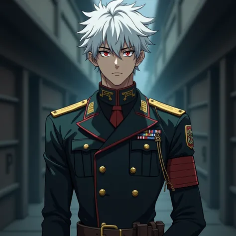 Anatomically Correct, Anime Style, male, military, in uniform, Red Eyes, White Hair, 