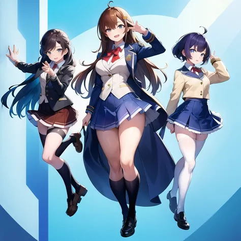 (((Best Quality))) , ((full body)), female, 3 girls, white background, random hairstyles, mini skirt,  mess jacket, magical school,
