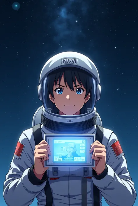 A man showing a sign with his identification, with a background of a night sky with stars,wearing an astronaut helmet,with the name Navi on top,with a confident anime style face