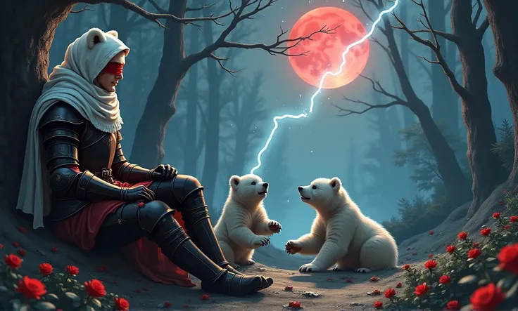 Male knight with a white hood with polar bear ears and a sword behind his back sits towards a baby polar bear and a baby brown bear in a forest his head leans against a tree while the moon shines, many Roses cover the ground and lightning falls from the sk...