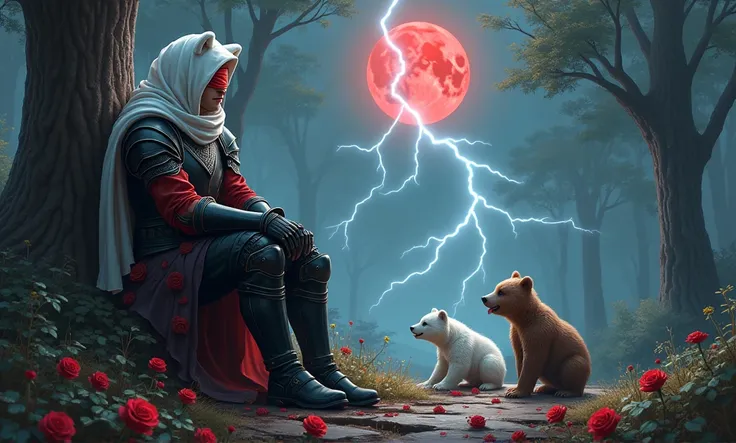 Male knight with a white hood with polar bear ears and a sword behind his back sits towards a baby polar bear and a baby brown bear in a forest his head leans against a tree while the moon shines, many Roses cover the ground and lightning falls from the sk...