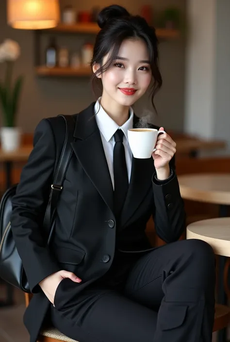 Beautiful Indonesian woman,smooth, clean white skin, well-groomed face, black hair bun up Korean style. Black suit, white shirt ,style ala korea, long black tie, style korea, black cargo pants with lots of pockets knee length, backpack,luxury black watch, ...