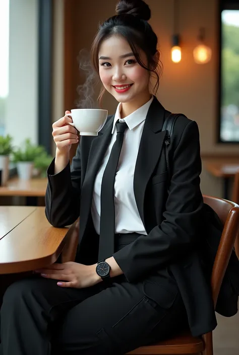 Beautiful Indonesian woman,smooth, clean white skin, well-groomed face, black hair bun up Korean style. Black suit, white shirt ,style ala korea, long black tie, style korea, black cargo pants with lots of pockets knee length, backpack,luxury black watch, ...