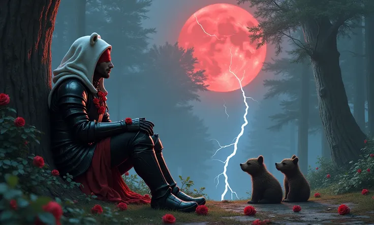 Male knight with a white hood with polar bear ears and a sword behind his back sits towards a baby polar bear and a baby brown bear in a forest his head leans against a tree while the moon shines, many Roses cover the ground and lightning falls from the sk...