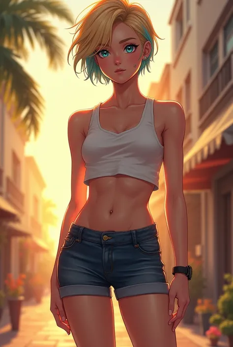 Teen boy、boy wears a crop shirt and too very short mini shorts、beautiful long legs、cuffed、 hot summer、boy flirty posing, blond Hair、、short hair、Blue inner hair color mesh、Piercings in both ears、Neutral Facial Features、highest quality、