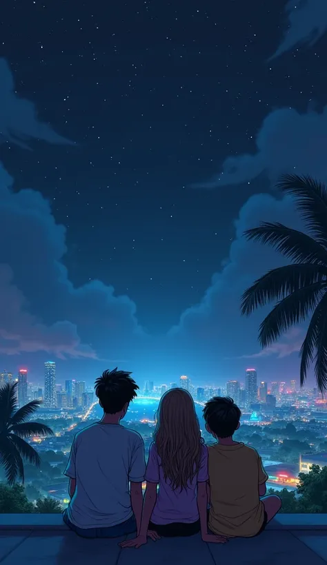 three friends 2 boys 1 girlsitting on the roof top and viewing the beautiful sky with glittering star and with pink city vibe GTA Vice City style, night vibe, 80s, Hawaii, retro comic style illustration(back view)(little purple vibe)(far and wide angle vie...