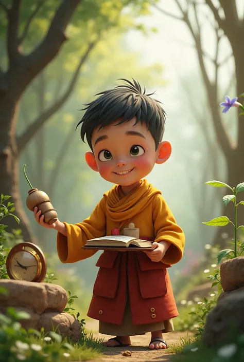 A boy about , good at science, astronomy, agriculture, engineering, architecture, likes to help people and animals, kind, and devoted to the Dharma.