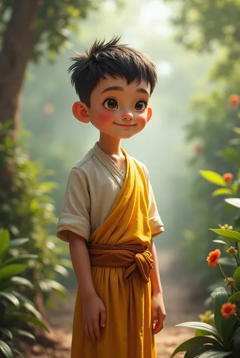 A boy about , good at science, astronomy, agriculture, engineering, architecture, likes to help people and animals, kind, and devoted to the Dharma.