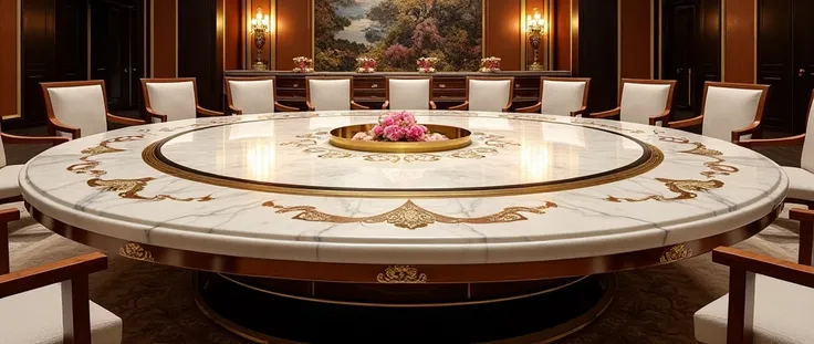 Round dining table，Chinese style，Can hold 30 marble materials，Metal Material，Wood grain material，Rich in details，High-end，Large wide angle，HD pictures，Close-up angle