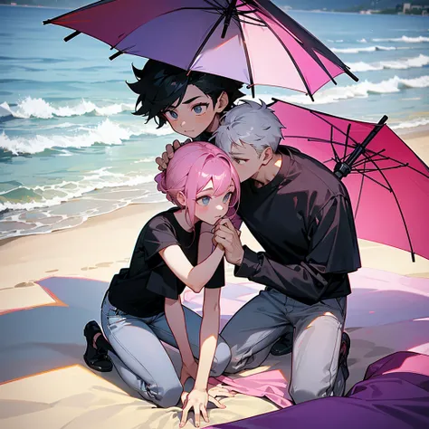 A boy with black t shirt kneeling down with a rose in his hand in his hand proposes to a girl with a light pink t-shirt and grey pants holding a purple umbrella standing on the beach.