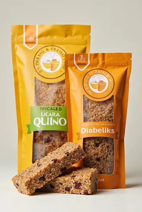 Quinoa-based energy bars, Brown rice and aguaymanto-flavored kiwicha 100% natural, no added sugar and 100% packaging% biodegradable, small personal size; with a logo with the name DIABETIKS, that shows that candy is sold, treats and snacks 100% natural pro...