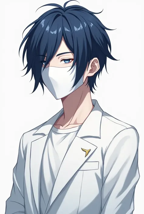 Navy hair wearing white eyes mask and wear white suits white T-shirt inside ,man male portraits and make its anime can’t see his eyes