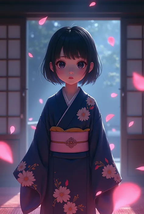 A young Japanese girl wearing a traditional kimono stands in a dimly lit room with traditional sliding doors. The room has a soft, mystical atmosphere with glowing pink petals floating in the air around her. The girl has large, expressive eyes and a calm, ...