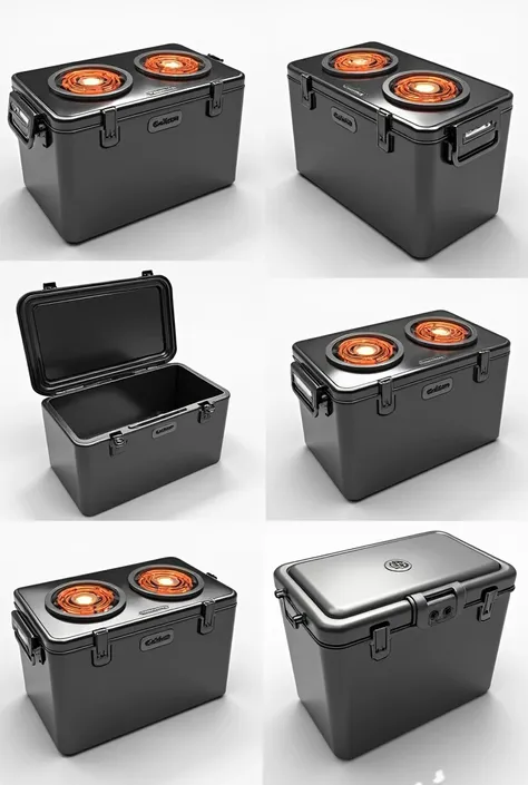 a series of four photos from DIFFERENT angles of a very high quality premium shiny camping cooler with an integrated flat high quality stove top on the top of the main lid with subtle orange glowing flat circle high quality premium electric burners showing...